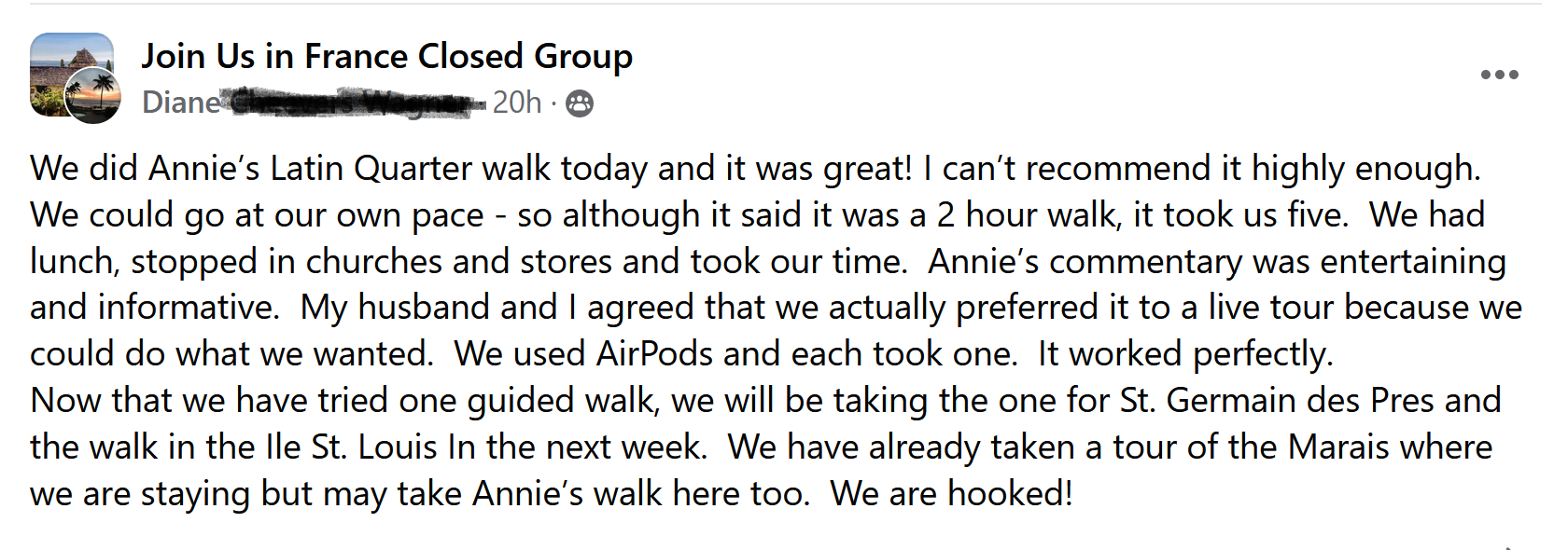 Praise for Annie Sargent's self-guided GPS tours: Diane Wagner