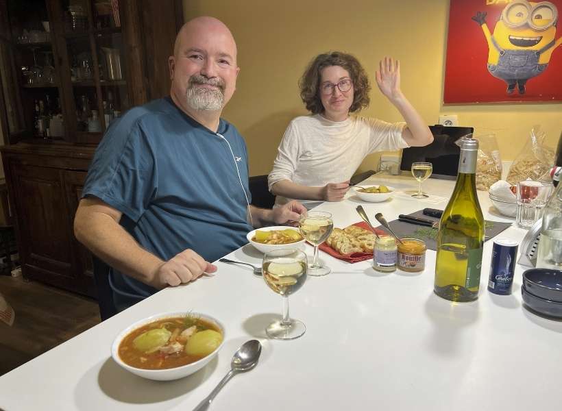 Annie, David and Jennifer enjoy home-made Bouillabaisse: Classic French Soups episode