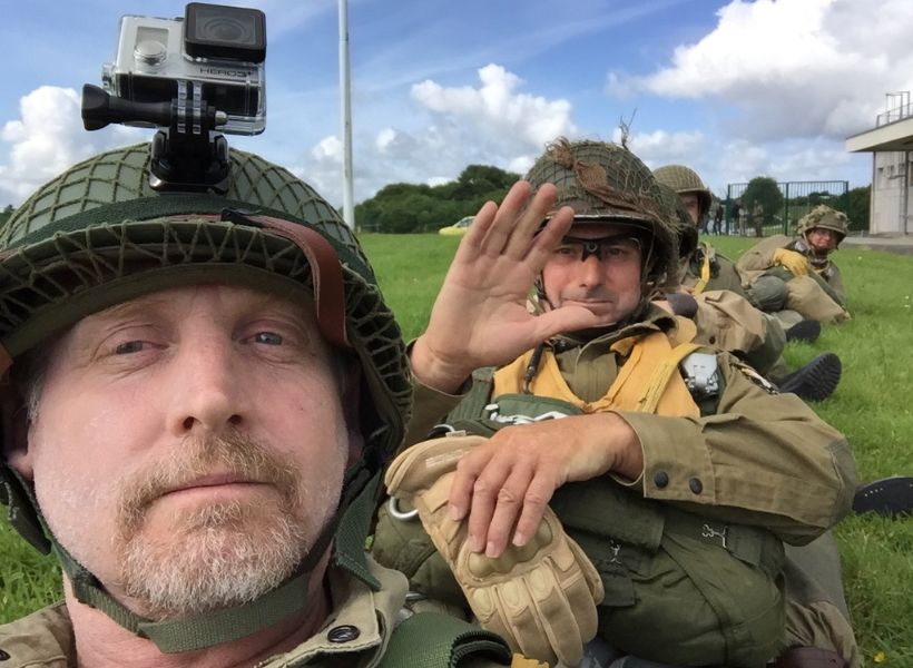 Phile Roberson in jumping gear for a reenactment: D-Day Anniversary Visit to Normandy episode