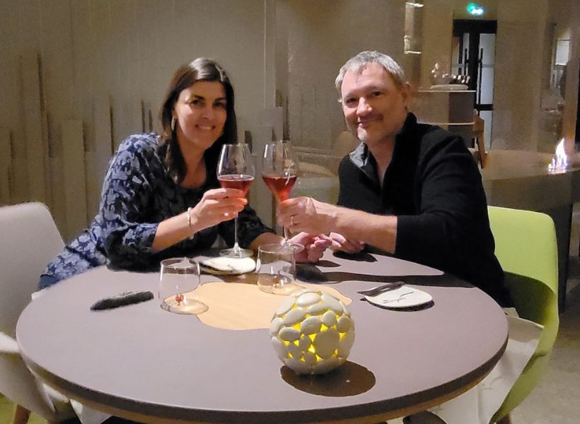 Mark and his wife enjoying a drink together. Photo taken during their Languedoc-Roussillon vacation.