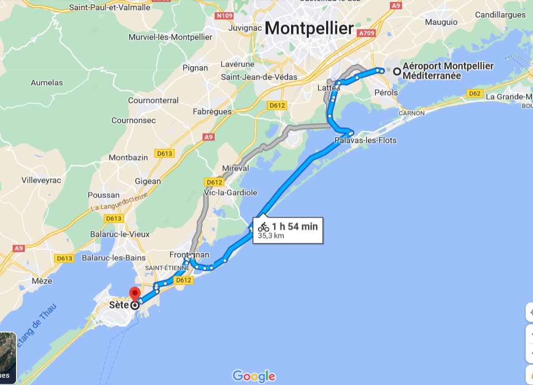 Map of the path they took to go from Montpellier to Sète on a bike