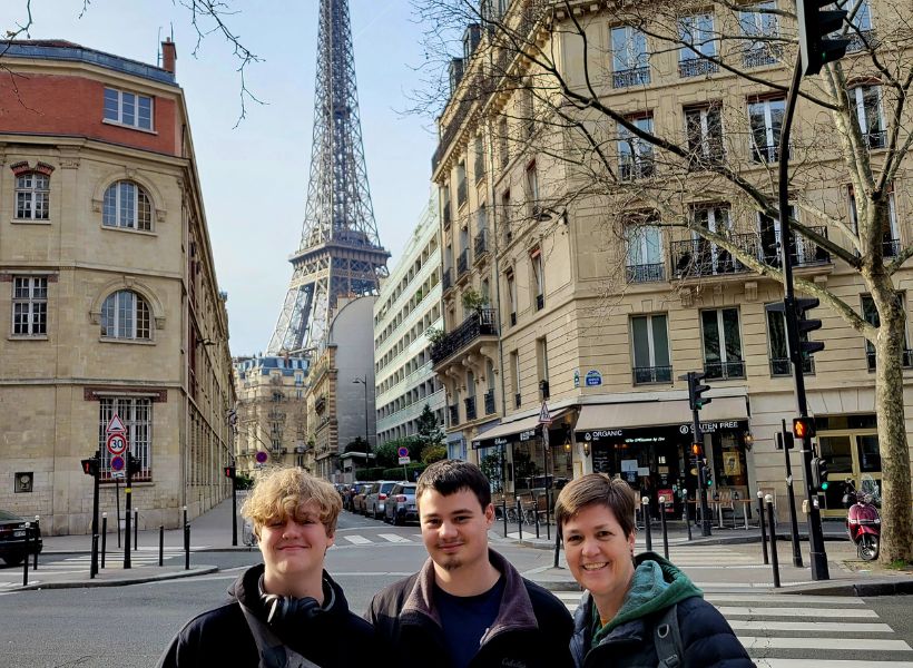 Navigating Paris with Paula Barnes, Episode 499 of Join Us in France Travel Podcast. Paula and her sons.
