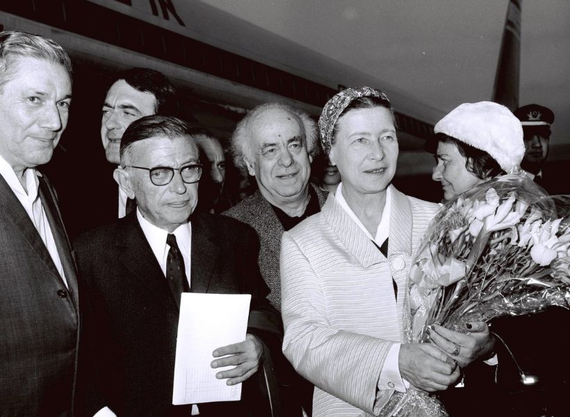 Jean Paul Sartre and Simone De Beauvoir welcomed by Avraham Shlonsky and Leah Goldberg